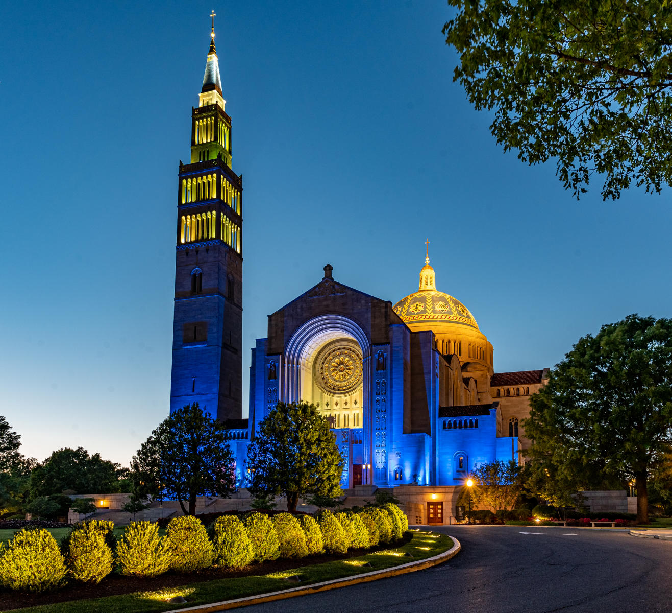 The Basilica of the National Shrine of the Immaculate Conception blue light tribute to Frontline Workers